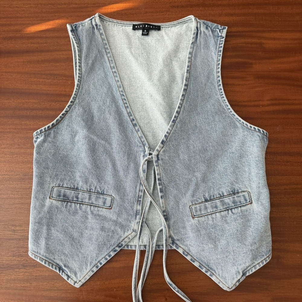 Tie Front Denim Vest Women's Small Light Wash Boho Western Festival Blue Blush - Picture 6 of 9